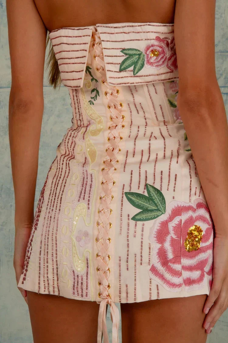 Strapless Beaded Floral Embroidery Embellished Tube Mini Dress