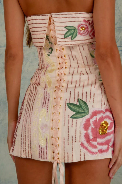 Strapless Beaded Floral Embroidery Embellished Tube Mini Dress