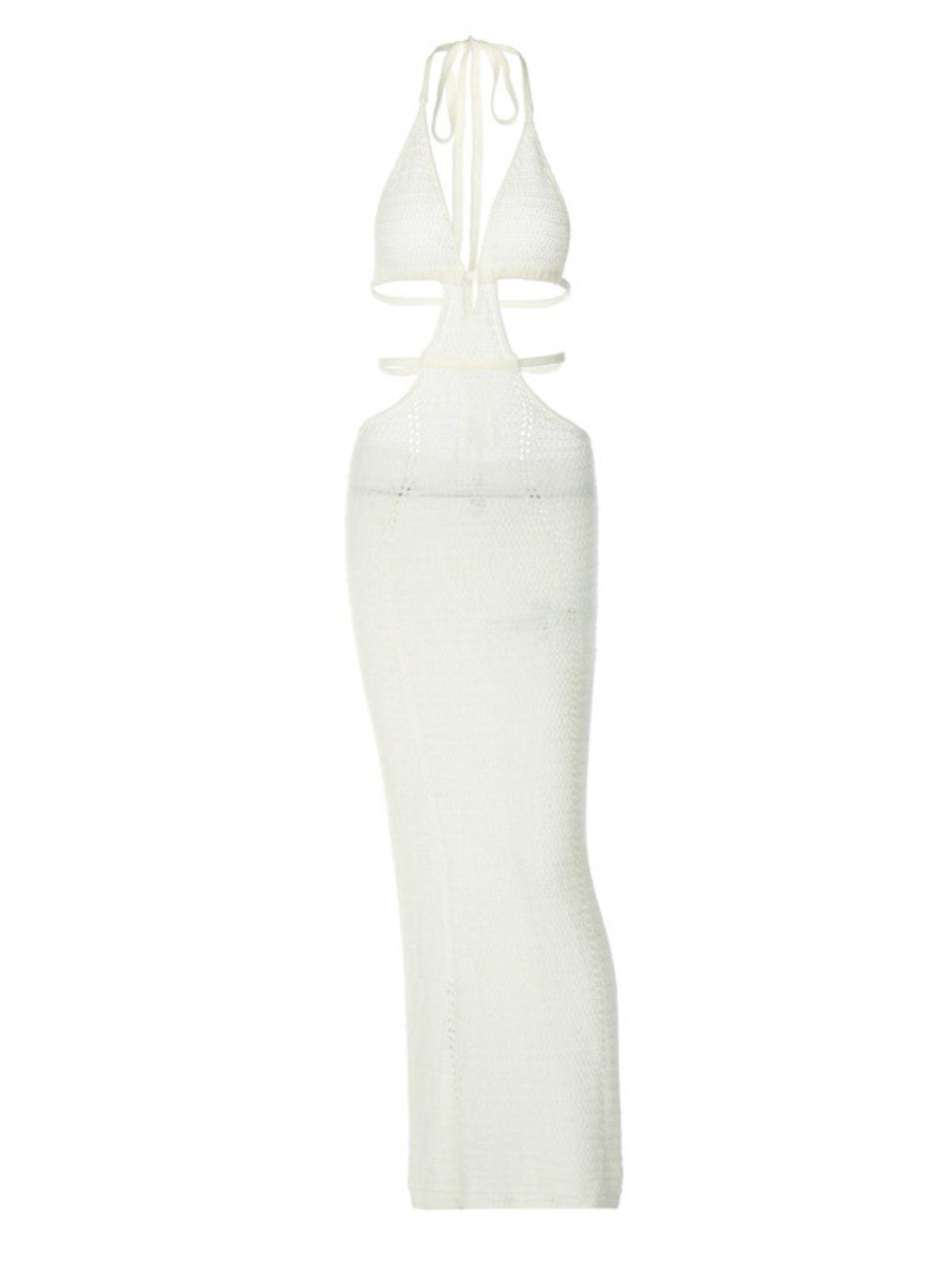 Halter Deep V Cut Out Crochet Knit Column Maxi Dress