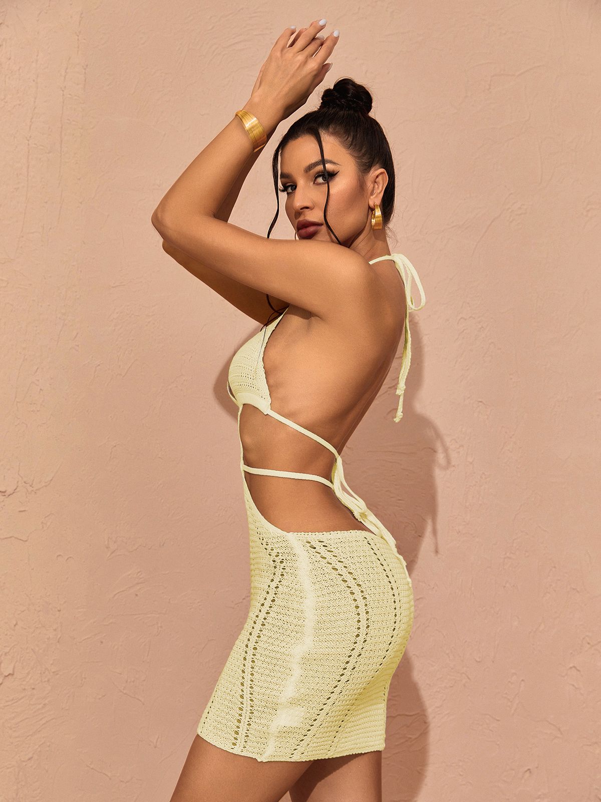 Halter Neck Crochet Chevron Pointelle Waist Cutout Mini Dress