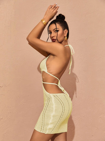 Halter Neck Crochet Chevron Pointelle Waist Cutout Mini Dress
