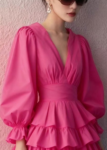 Deep V-Neck Puff Sleeve Tiered Ruffle Mini Dress