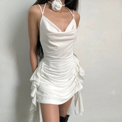 Cowl Neck Choker Tie Ruched Asymmetrical Ruffle Hem Mini Dress