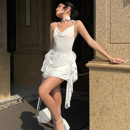 Cowl Neck Choker Tie Ruched Asymmetrical Ruffle Hem Mini Dress