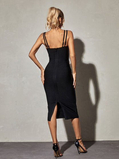 Rhinestone Embellished Sweetheart Cross Strap Bandage Midi Dress