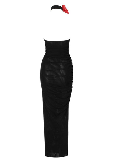 One Shoulder Halter Anthurium Accent Ruched Mesh Column Maxi Gown