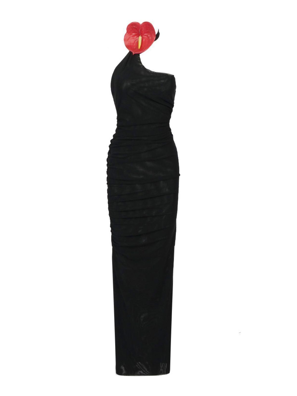 One Shoulder Halter Anthurium Accent Ruched Mesh Column Maxi Gown