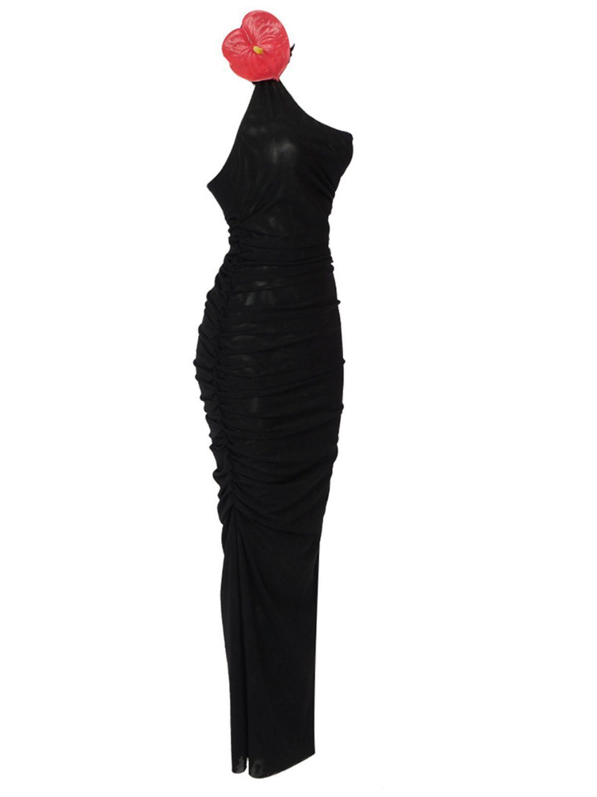 One Shoulder Halter Anthurium Accent Ruched Mesh Column Maxi Gown