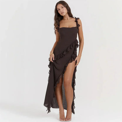 Ruffles Elegant Maxi Dresses Backless Split Sexy Chiffon Long Party Dress