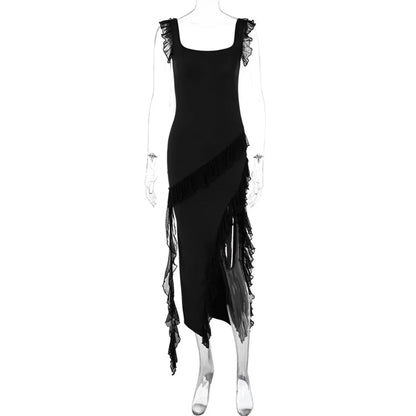 Ruffles Elegant Maxi Dresses Backless Split Sexy Chiffon Long Party Dress