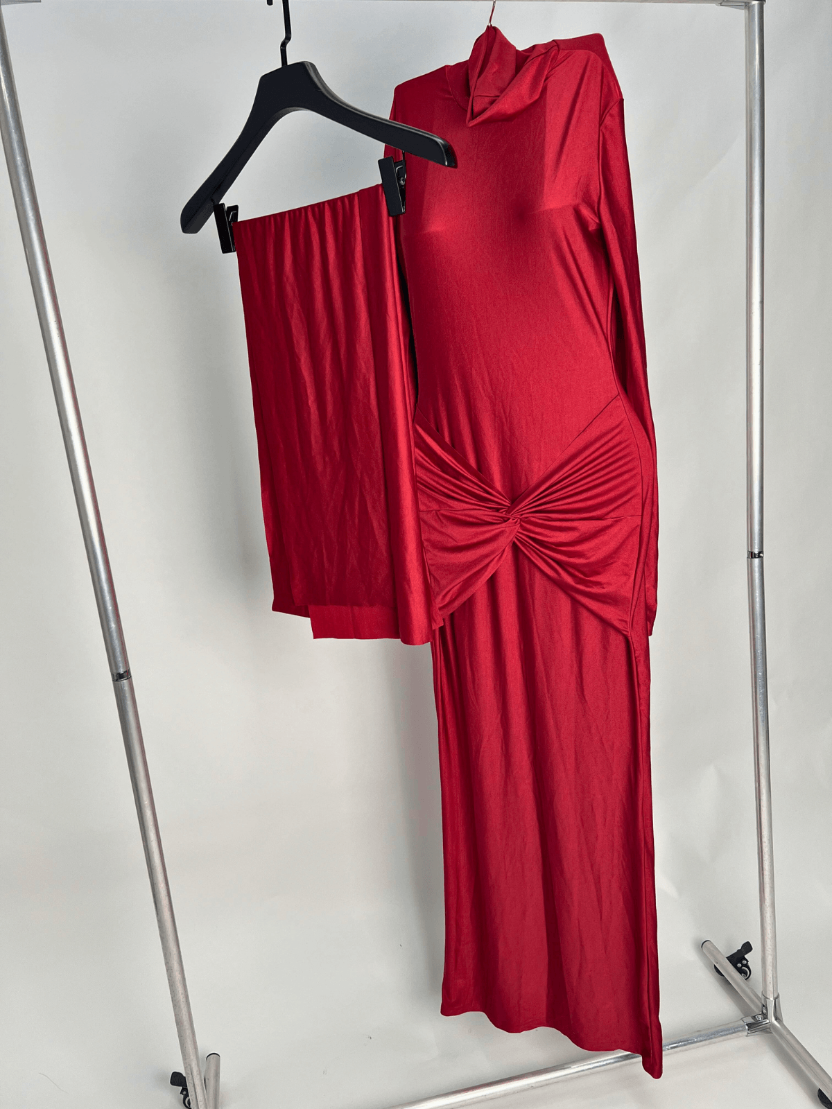 Mock Neck Long Sleeve Center Front Draped Sash Bodycon Maxi Dress
