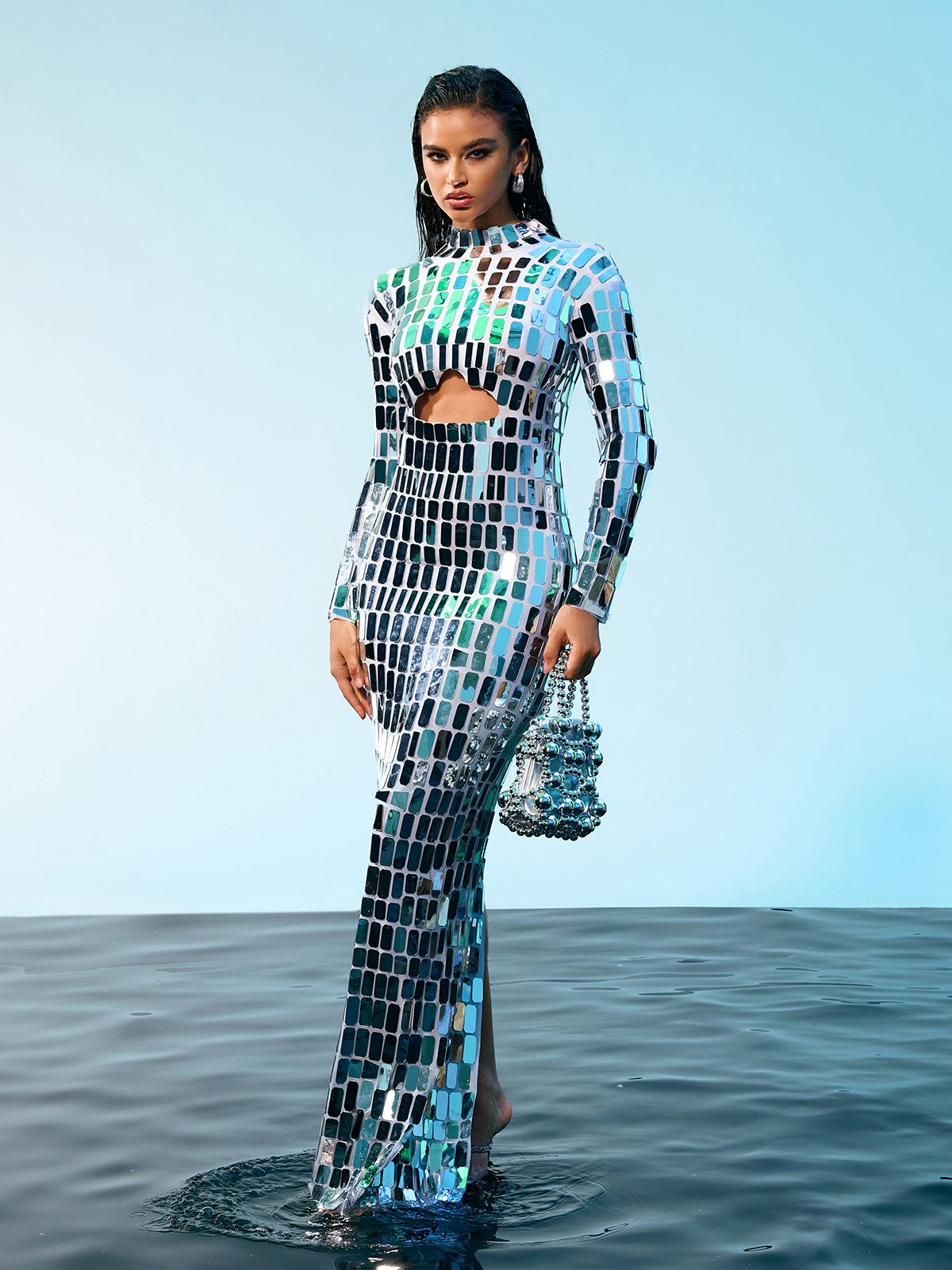 Mock Neck Long Sleeve Midriff Cutout Mirrored Tile Bodycon Maxi Dress