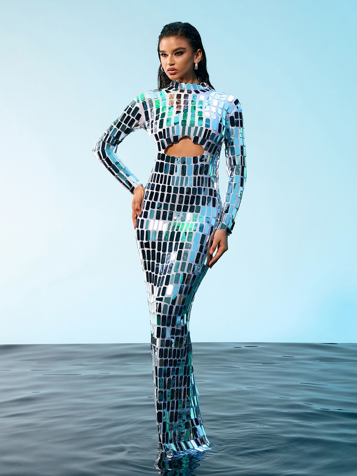 Mock Neck Long Sleeve Midriff Cutout Mirrored Tile Bodycon Maxi Dress