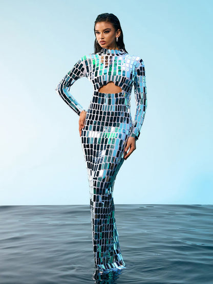 Mock Neck Long Sleeve Midriff Cutout Mirrored Tile Bodycon Maxi Dress