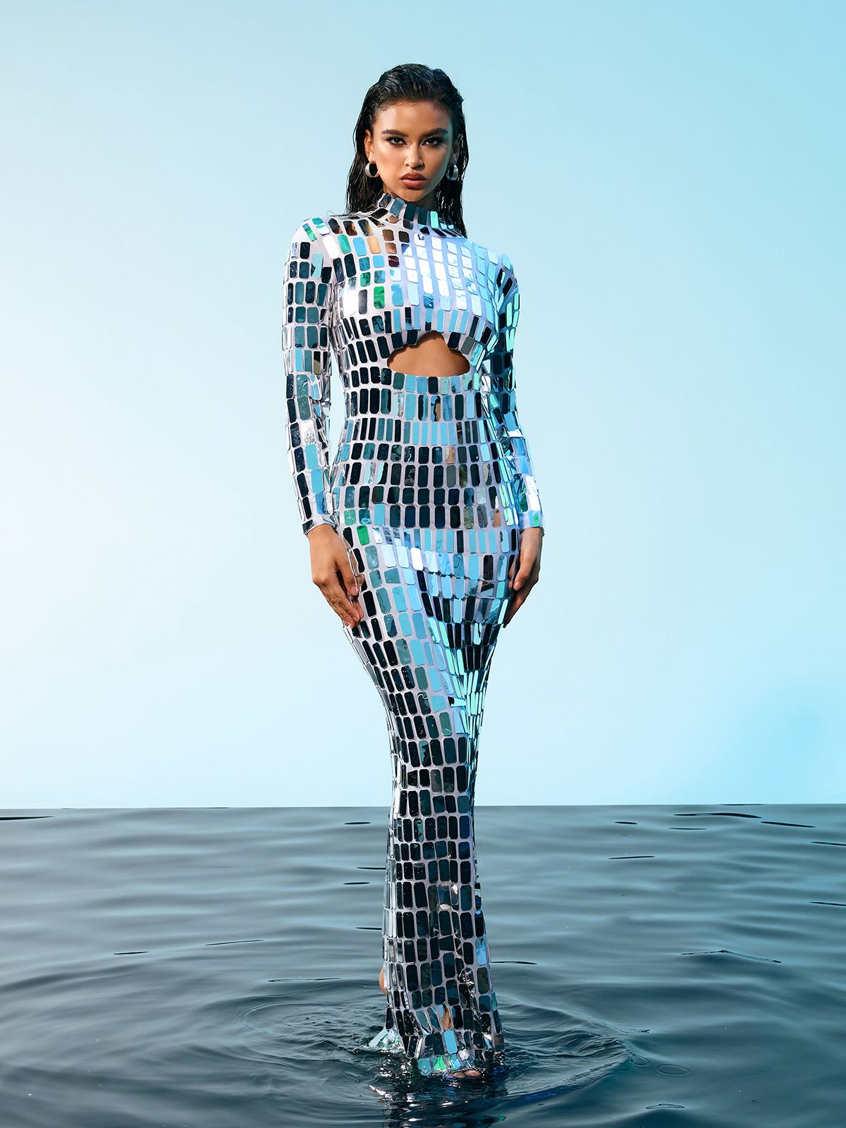 Mock Neck Long Sleeve Midriff Cutout Mirrored Tile Bodycon Maxi Dress