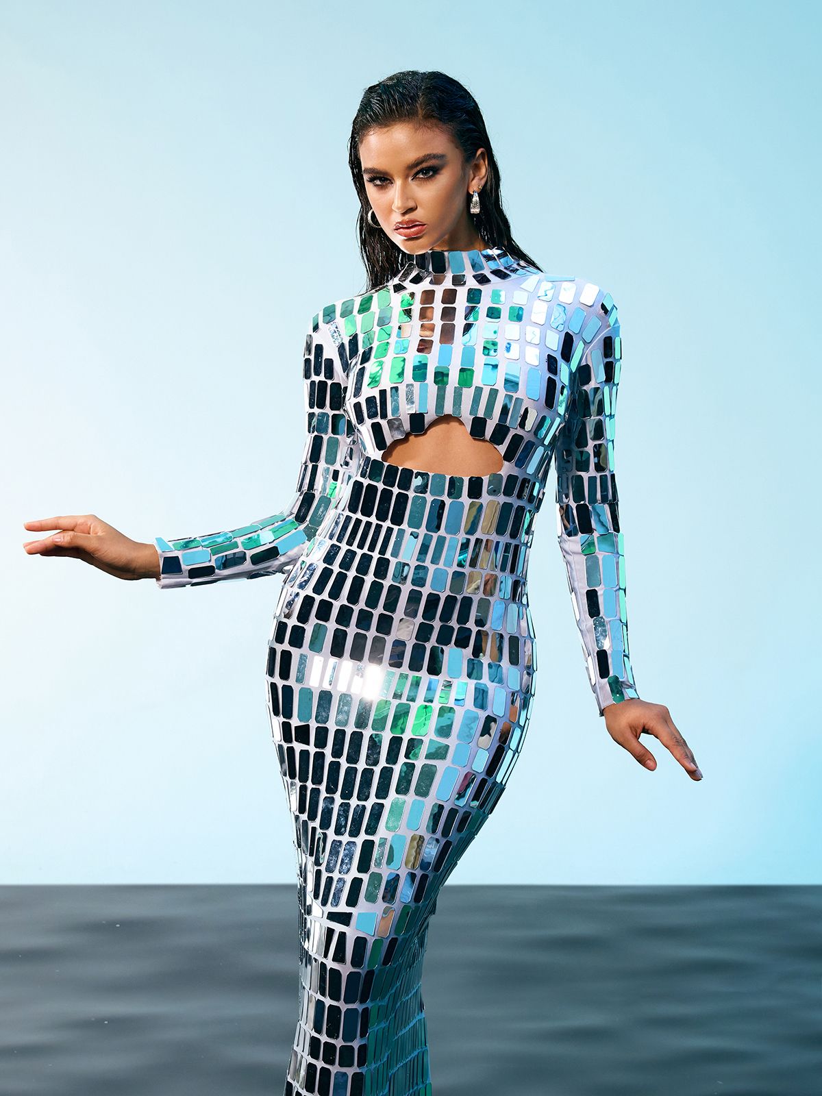 Mock Neck Long Sleeve Midriff Cutout Mirrored Tile Bodycon Maxi Dress