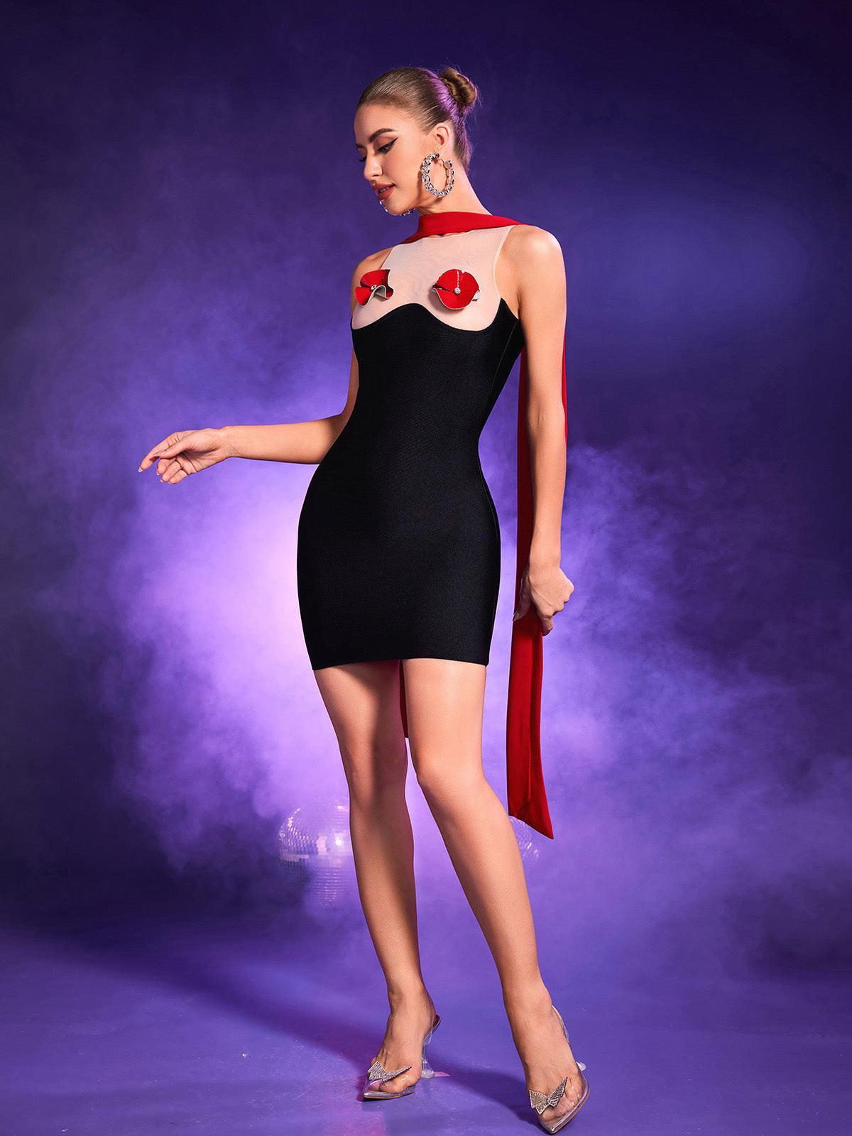 Mesh Insert Scalloped 3D Floral Bodycon Cape Train Mini Dress