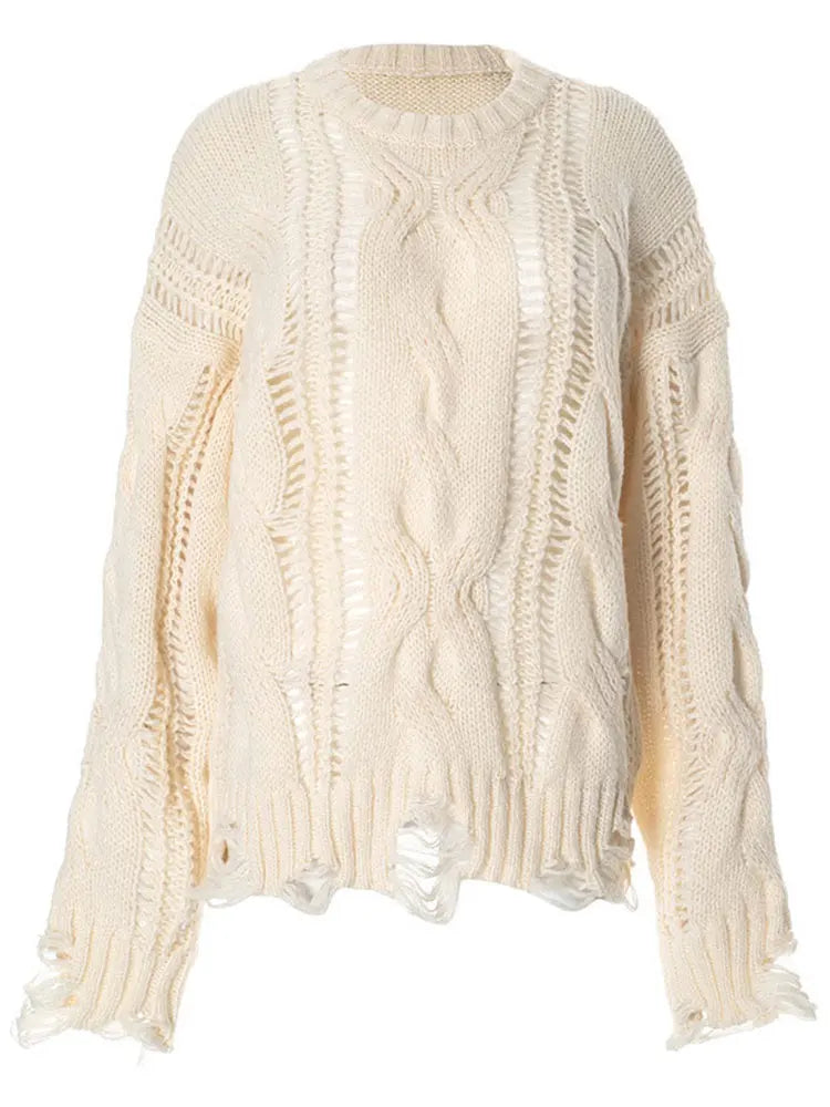 Twist Hollow Out Knit Sweater Women Chic O-neck Long Sleeve Loose Tassels Pullover Female 2025 Spring Solid Jumper Top Sweaters