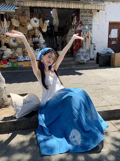 Holiday Style Tie Dyeing Blue Strap Camsiole Dress Summer Ethnic Style Temperament Sleevleess A-line Beach Long Dress for Women