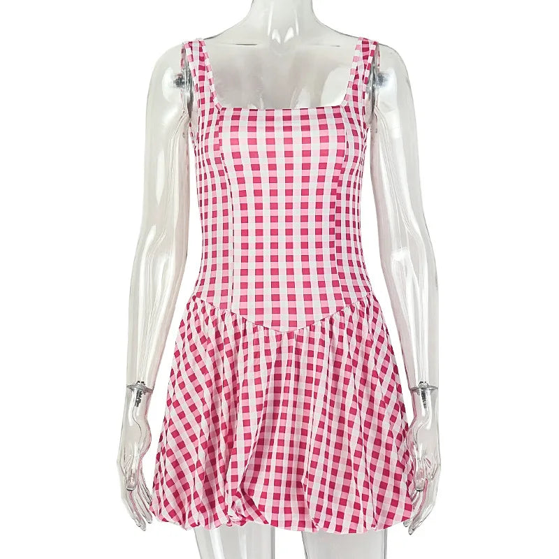 Cute Pink Checkered Mini Dress Square Neck Sleeveless Slim Waist Ruched Bubble Hem A-Line Summer Short Dress for Women