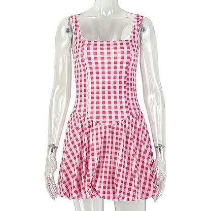 Cute Pink Checkered Mini Dress Square Neck Sleeveless Slim Waist Ruched Bubble Hem A-Line Summer Short Dress for Women