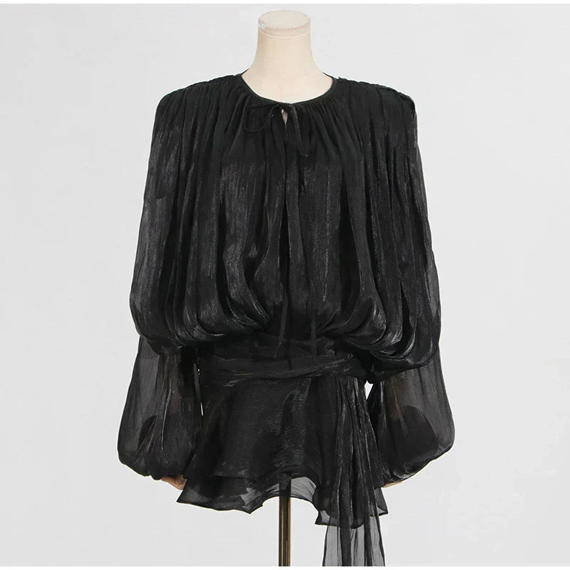 Keyhole Tie Neck Pleated Bishop Sleeve Tiered Ruffle Skirt Set
