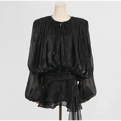 Keyhole Tie Neck Pleated Bishop Sleeve Tiered Ruffle Skirt Set