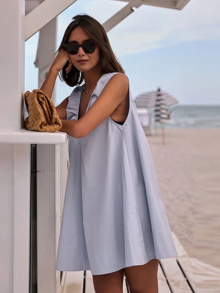 Elegant V-neck Long Dress Women Loose White Sleeveless Backless A-line Beach Dresses 2025 Summer Lady Casual Solid Chic Robes