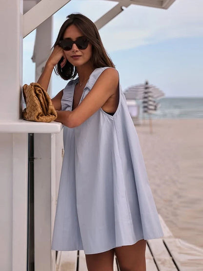 Elegant V-neck Long Dress Women Loose White Sleeveless Backless A-line Beach Dresses 2025 Summer Lady Casual Solid Chic Robes