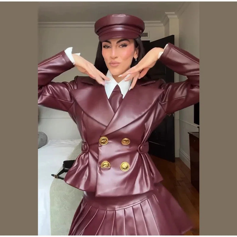 Double Breasted Faux Leather Blazer Pleated Mini Skirt Set