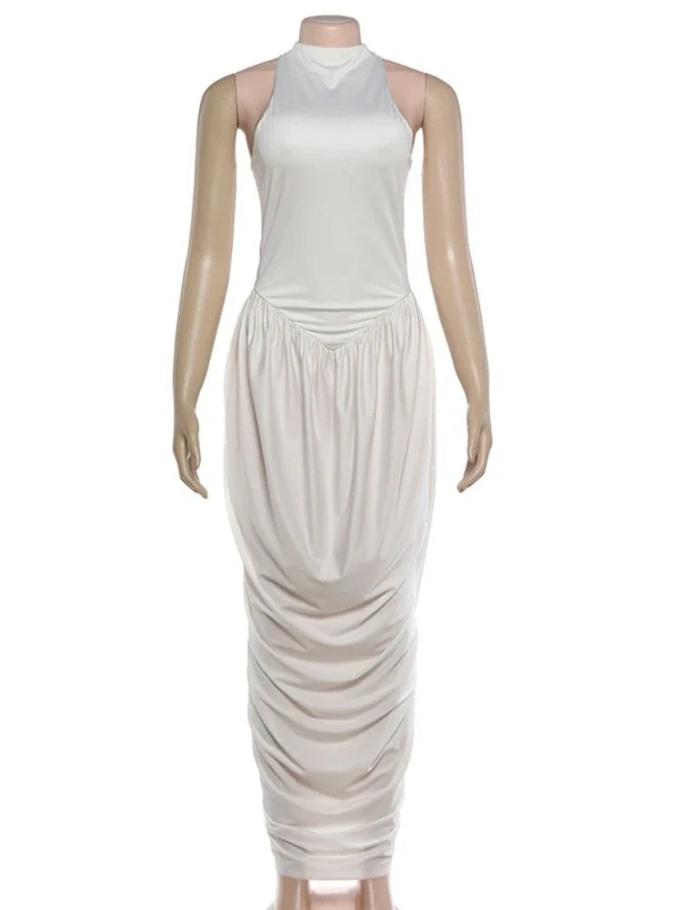 Fashionable White Tank Dress Women Summer Elegant O Neck Sleeveless Patchwork Pleated Long Dress Female Summer Outfit