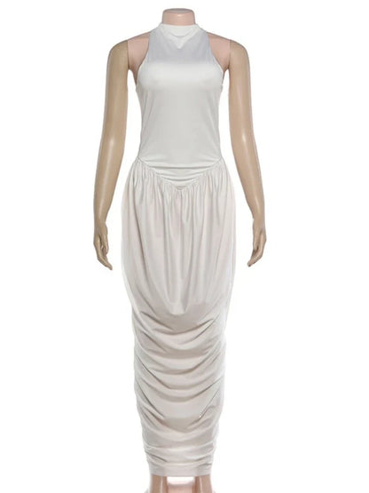 Fashionable White Tank Dress Women Summer Elegant O Neck Sleeveless Patchwork Pleated Long Dress Female Summer Outfit
