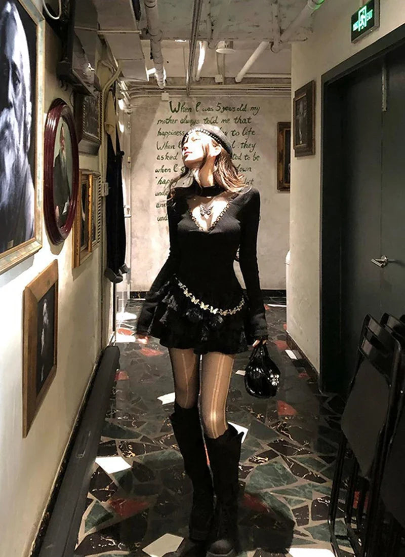 Y2K Cropped Black Sweater Women Harajuku Embroidery White Knitted Pullovers Gyaru Grunge Mesh Lace Knitwears Winter Chic Jumpers