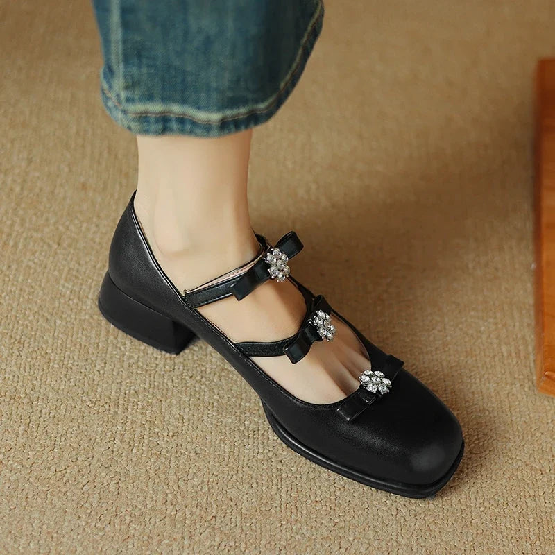 Women's New Spring and Autumn Round Head Bow with Diamond Flower Belt Buckle Middle Heel Large Mary Jane Single Shoes