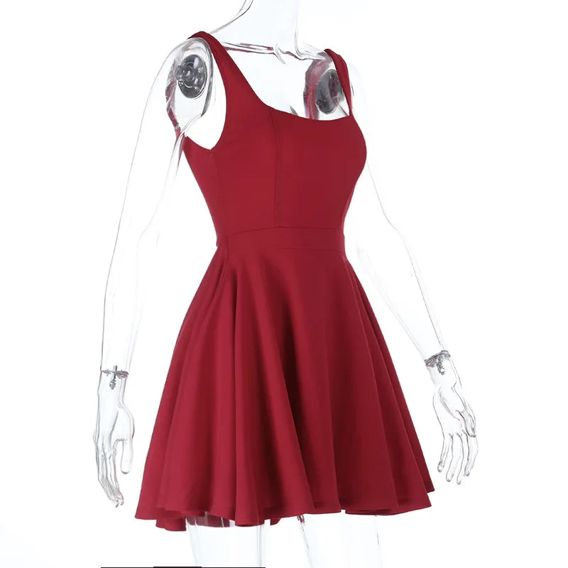 Women's Red Backless Mini Dress Summer Fashion Square Neck Sleeveless High Waist A Line Short Summer Elegant Tank Dress