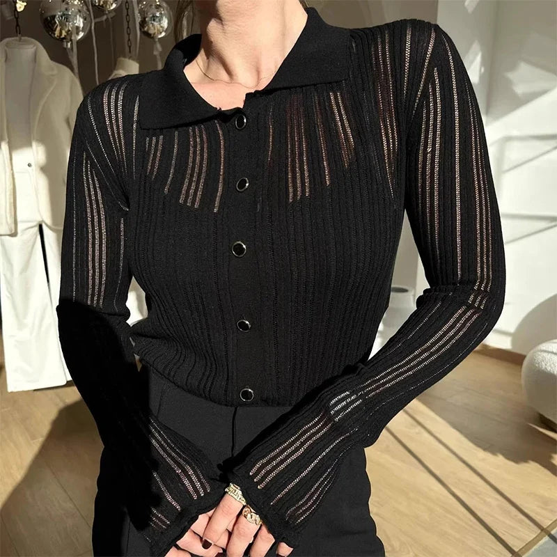 Sheer Knit Cardigan For Women Casual Lapel Patchwork Button Sweater Cardigans Street Slim Party Elegant Slim Blouse 2026