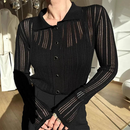 Sheer Knit Cardigan For Women Casual Lapel Patchwork Button Sweater Cardigans Street Slim Party Elegant Slim Blouse 2026