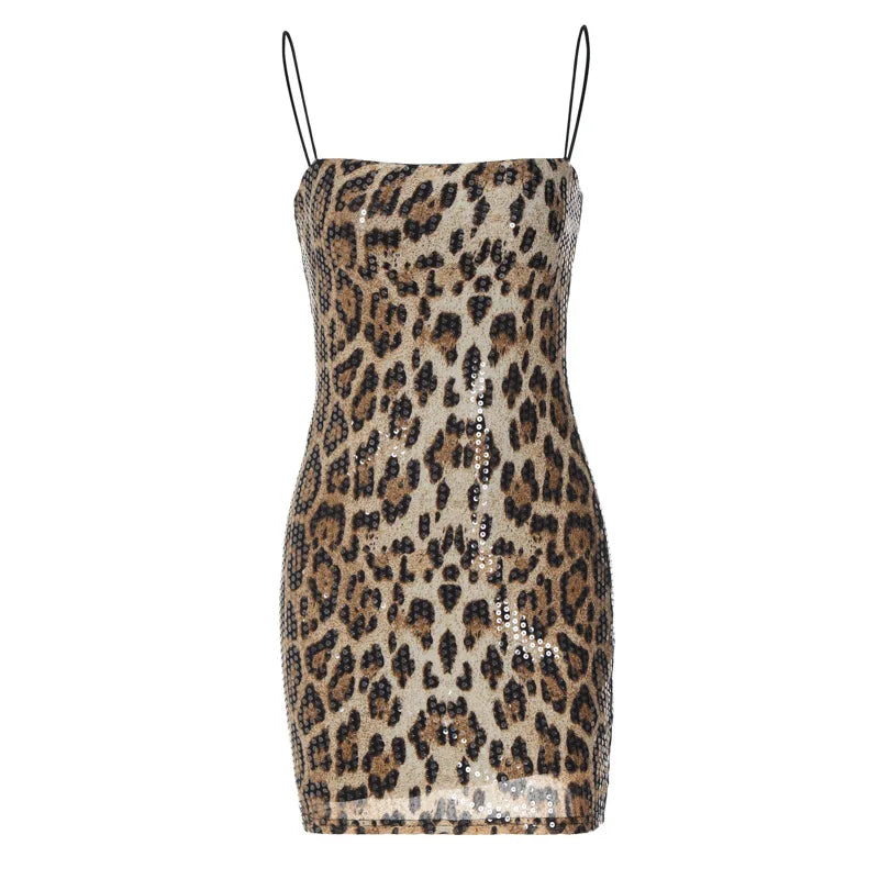 Sexy leopard print minidress street style club women's halter beaded dress slim-fit wrap hip skirt