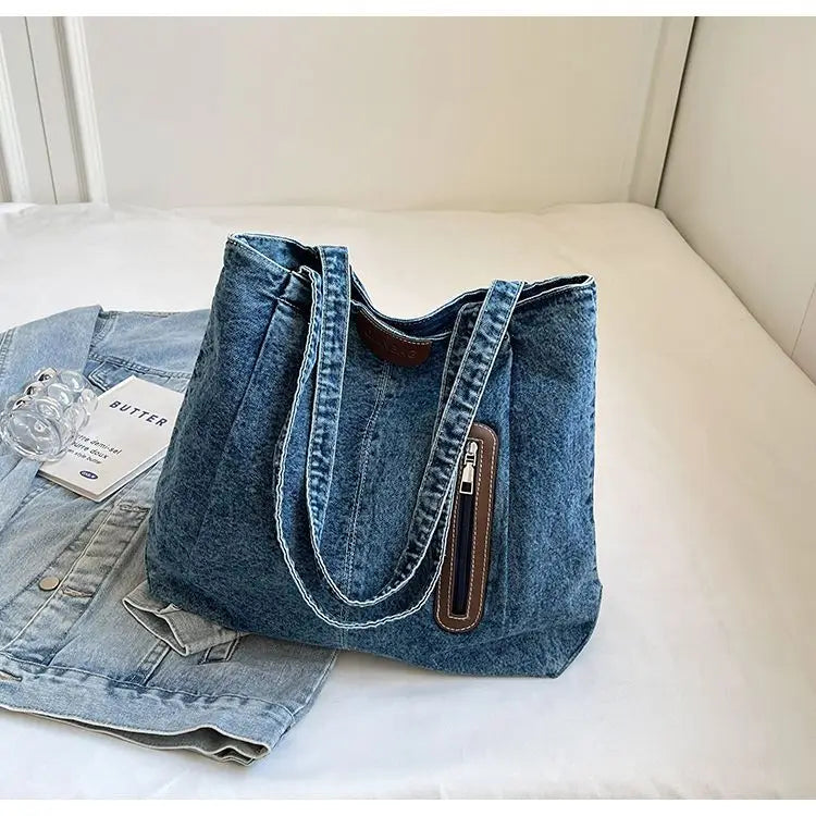 Large Capacity Denim Single Shoulder Bag New Fashion Versatile Tote Retro Commuting Casual Bags