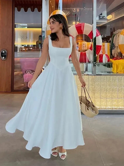 Solid Color Halter Long Dress Straps Slim Fit Sexy Square Neck Suspender High Waist Pleated Beach Dresses Women's Party Robes