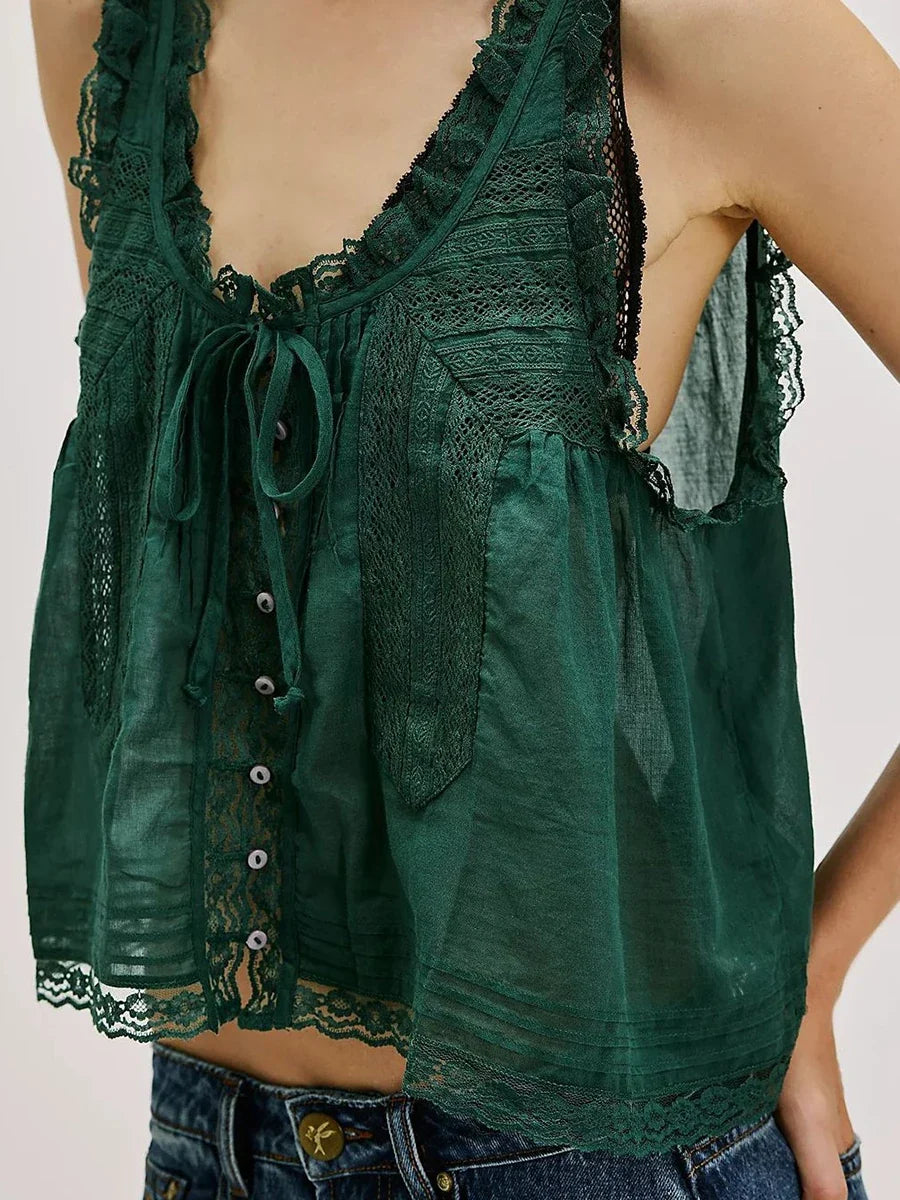 White Lace Trim Tank Top Women U Collar Single Breasted Drawstring Vest Summer Casual Fashion Hollow Out Camisole 2025 New