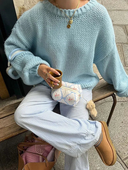 Fashion Blue Long Lantern Sleeve Knitted Jumper Women Elegant Solid O Neck Loose Sweater New Chic Lady Commuting Pullover