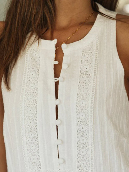 Lace Patchwork White Mini Dress Women Spring Summer O-neck Button Up Sleeveless A-line Vestidos Casual Fashion Dresses 2024 New
