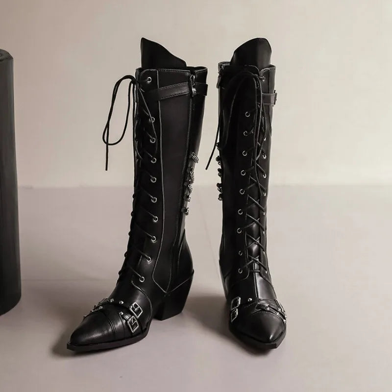 Fashion Punk Rock Band Performance Knee Length Boots with Pointed Chelsea 6cm Thick Heel Chain Boots 35-45 Slipsole Boots