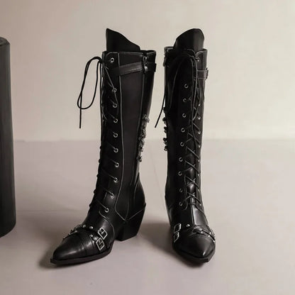 Fashion Punk Rock Band Performance Knee Length Boots with Pointed Chelsea 6cm Thick Heel Chain Boots 35-45 Slipsole Boots