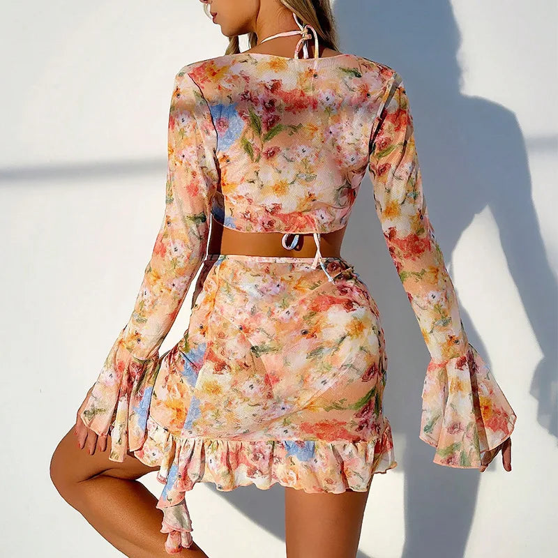 Sexy Floral Print Swimwear 4 Piece Micro Thong Bikinis Set Women Swimsuits Long Sleeve Crop Tops Skirts Cover Up Beachwear