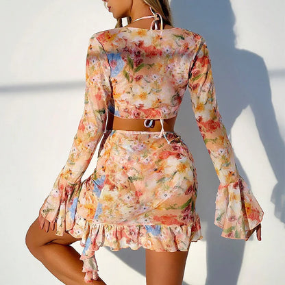 Sexy Floral Print Swimwear 4 Piece Micro Thong Bikinis Set Women Swimsuits Long Sleeve Crop Tops Skirts Cover Up Beachwear