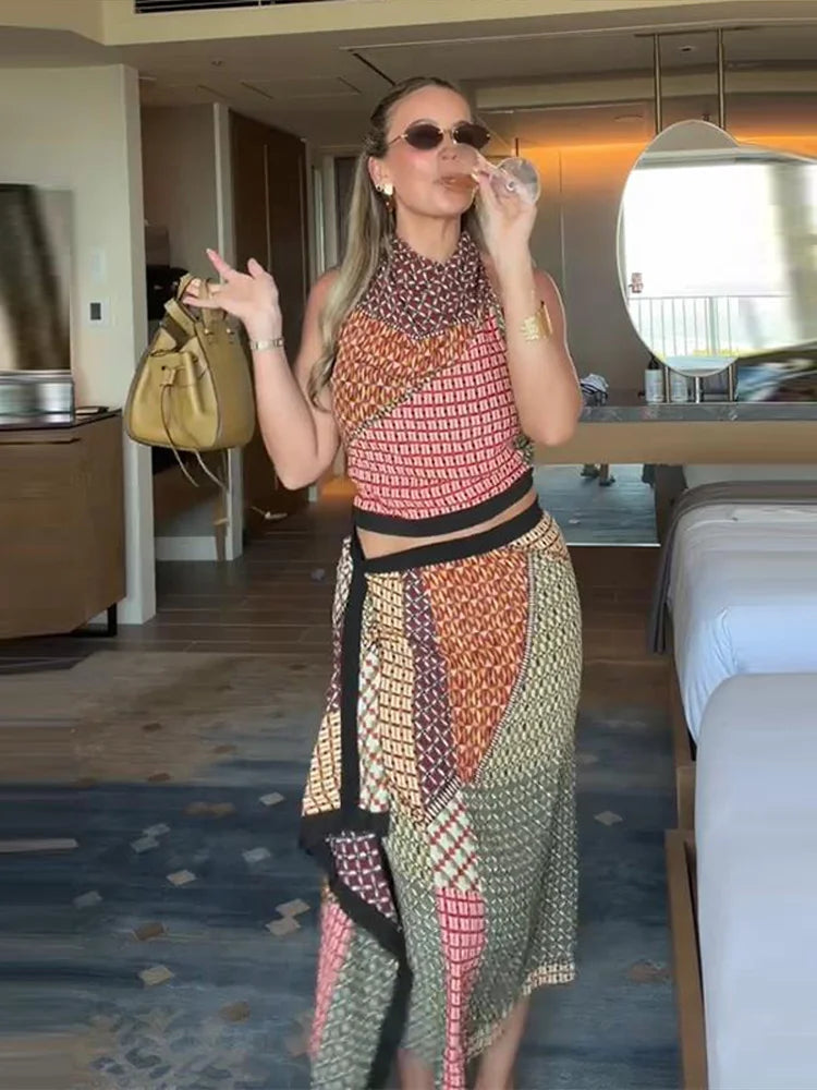 Women Color Block Print Two Piece Set Halter Neck Sleeveless Crop Top High Waist Irregular Midi Skirt Summer Vacation Suit