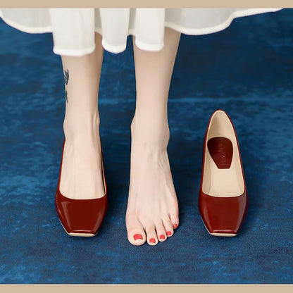 Women Novelty Shoes Square Toe Patent Leather New Arrivals Slip-On Black Wine Beige Chaussures 5cm Thick Heels Pumps For OL 43 7