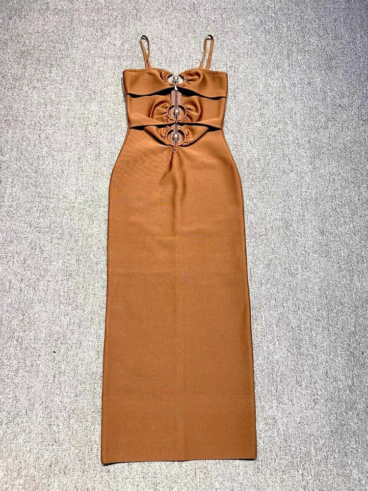 Sweetheart Spaghetti Strap Midriff Cutout Metal Ring Bodycon Maxi Dress